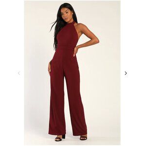 Lulus Impressively Chic Burgundy Halter Backless Wide-leg Jumpsuit Red - Size S
